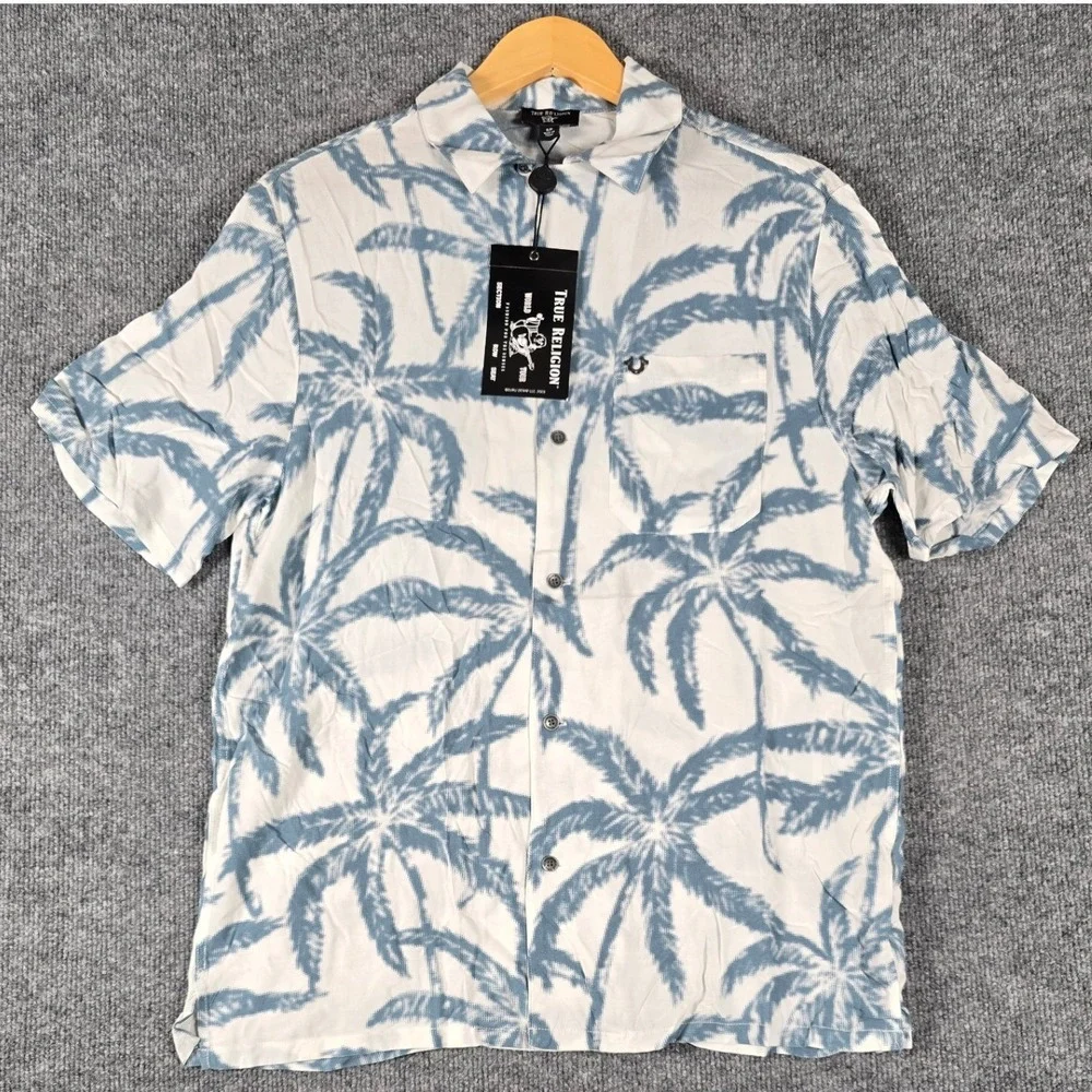 True Religion Men Palm Tree Camp Collar Short Sleeve Button Up Shirt Size Small